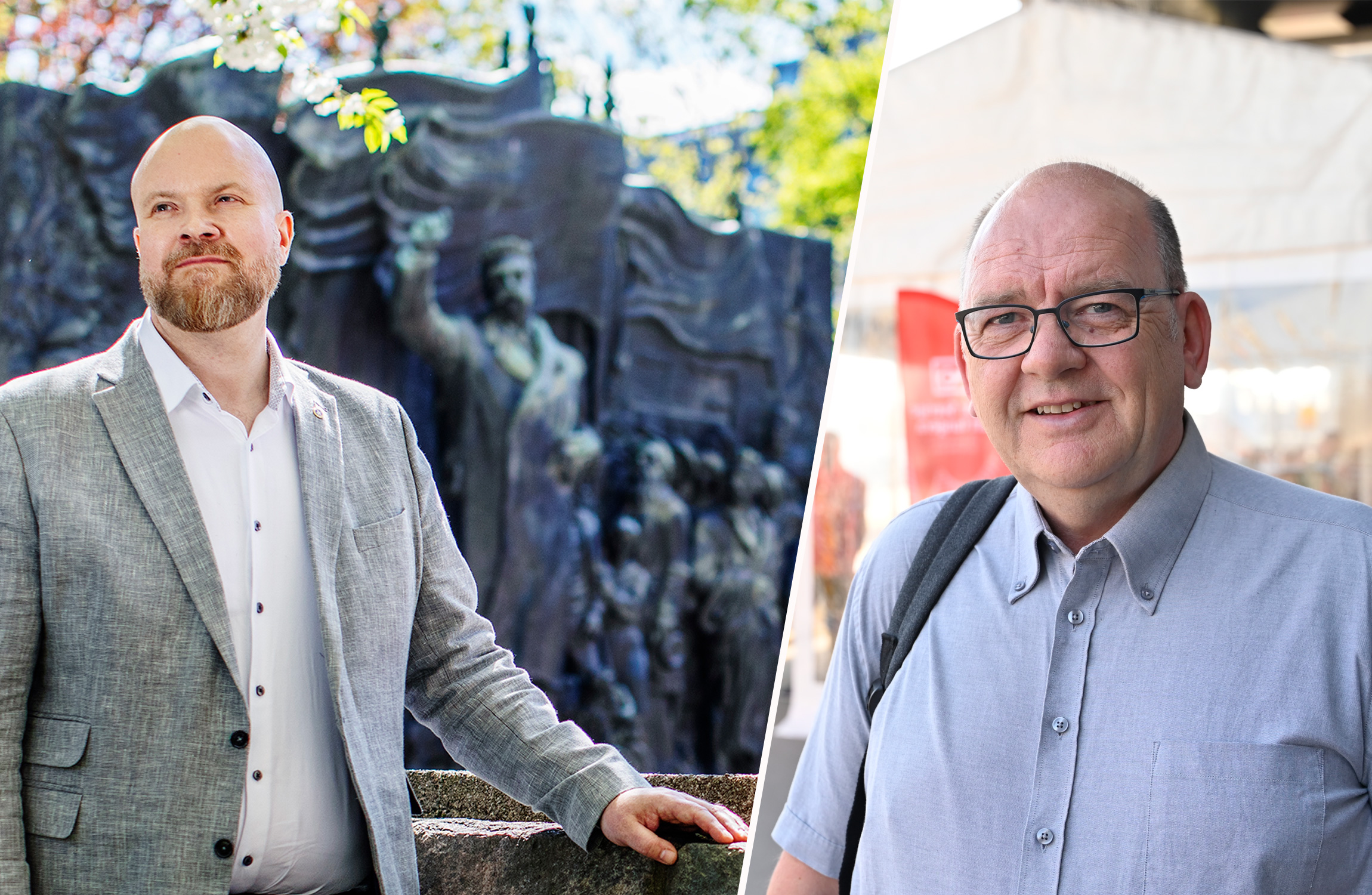 Två män på separata utomhusplatser. Mannen till vänster står framför en staty och bär en ljus kostym. Mannen till höger är under ett tält, bär en grå skjorta och håller i en väska.