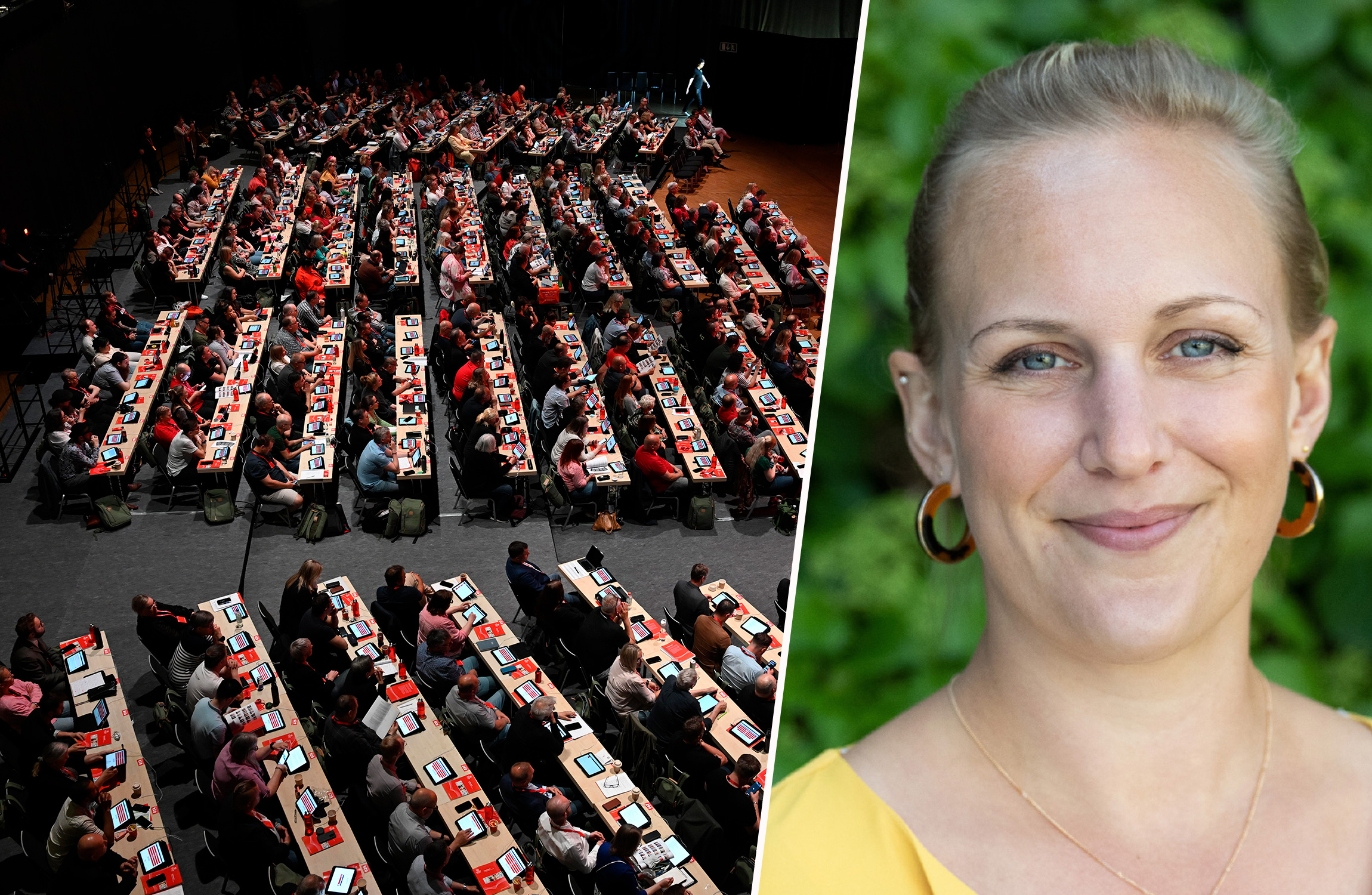 En stor konferens med rader av deltagare vid bord, bredvid en porträttbild av en kvinna med ett grönt lövverk i bakgrunden.