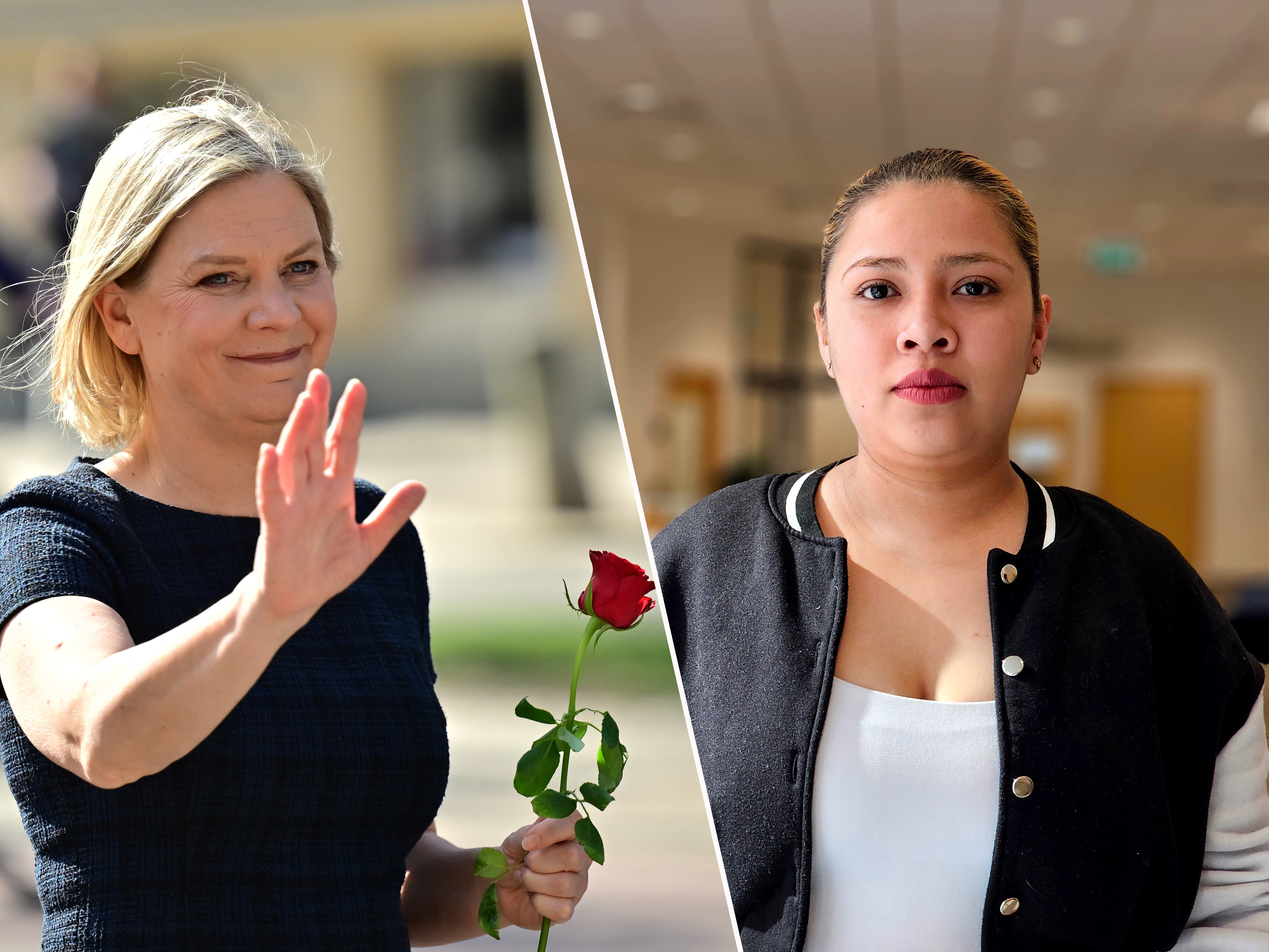 Magdalena Andersson med en ros i handen på 1 maj-tåg. Chilo Martinez på en porträttbild. Delad bild.