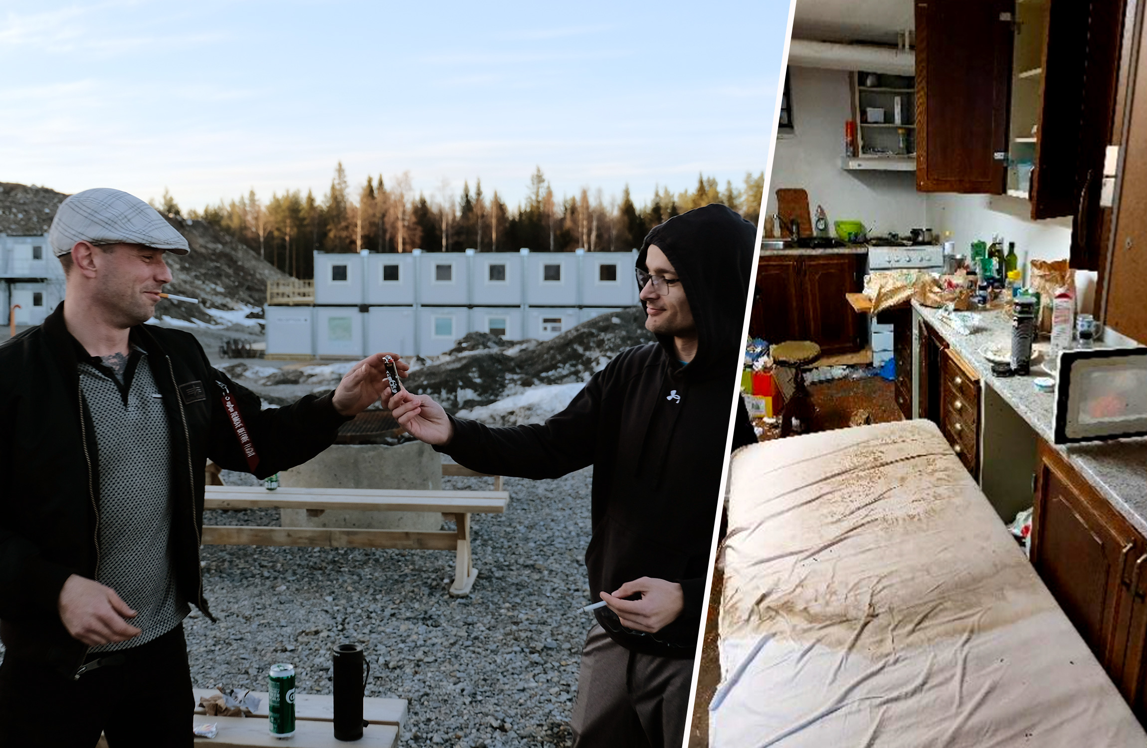 Delad bild. Två män utbyter ett cigarett utomhus bredvid byggnadsmaterial (till vänster) och smutsig säng i ett kök.