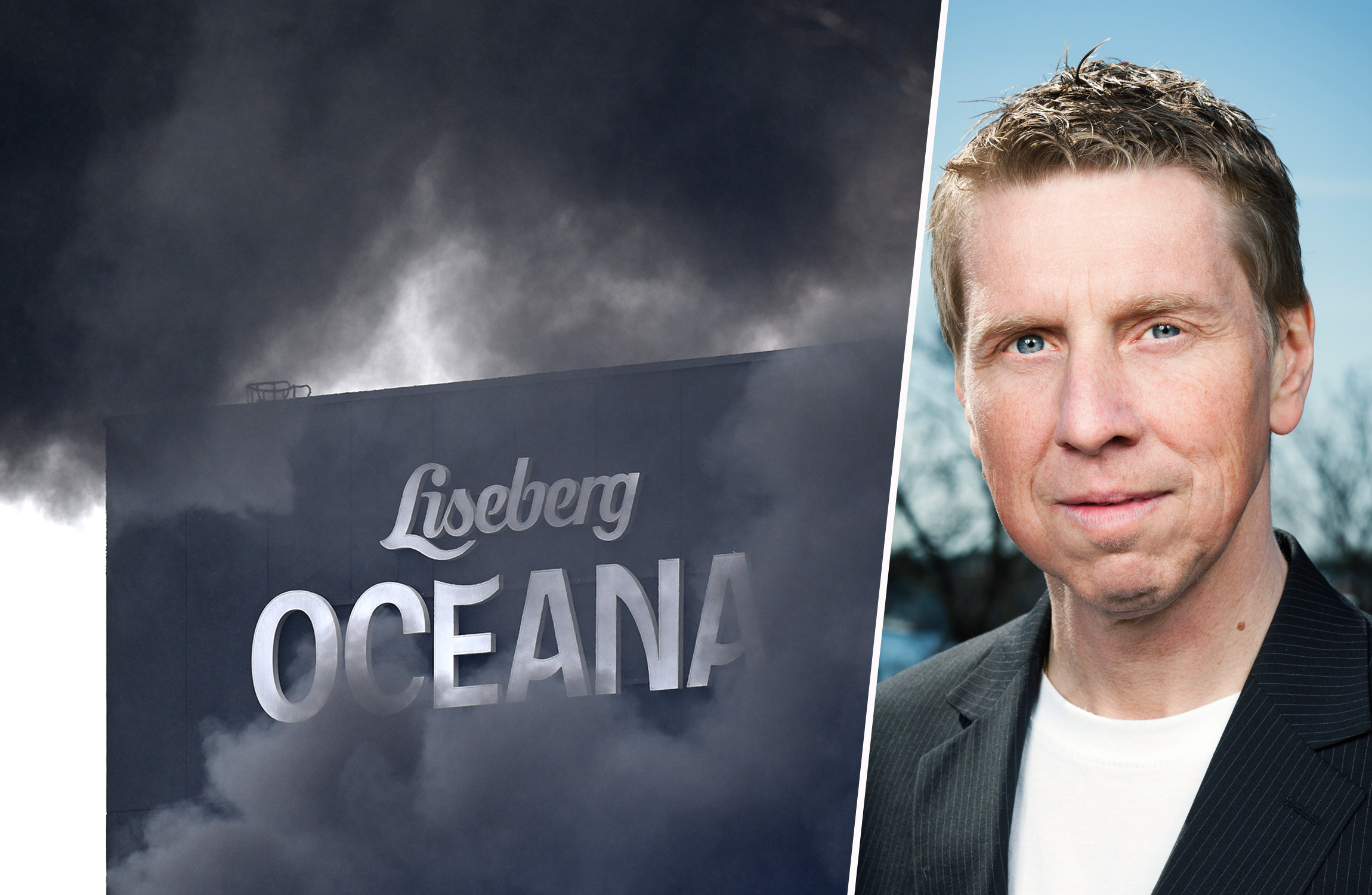 Bildbeskrivning: Bilden till vänster visar rök runt Liseberg Oceana-byggnaden. Bilden till högre visar ett porträtt av en man i kostym med neutral min, stående utomhus.