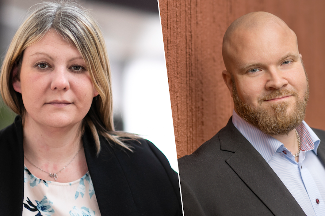 Alt text: Två professionella porträtt bredvid varandra, det ena av en kvinna med långt hår iklädd svart kavaj och det andra av en skäggig man klädd i kostym och slips.