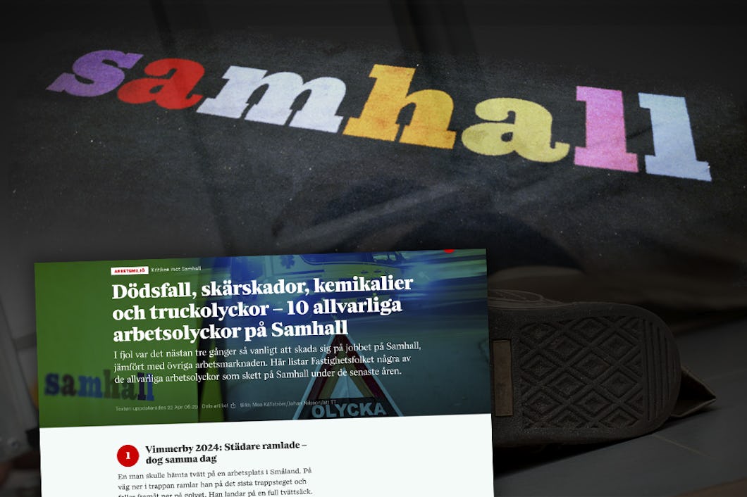 Skärmdump på tidigare artikel om arbetsolyckor på Samhall. Bakom syns Samhall-loggan och en man som fallit från en stege.