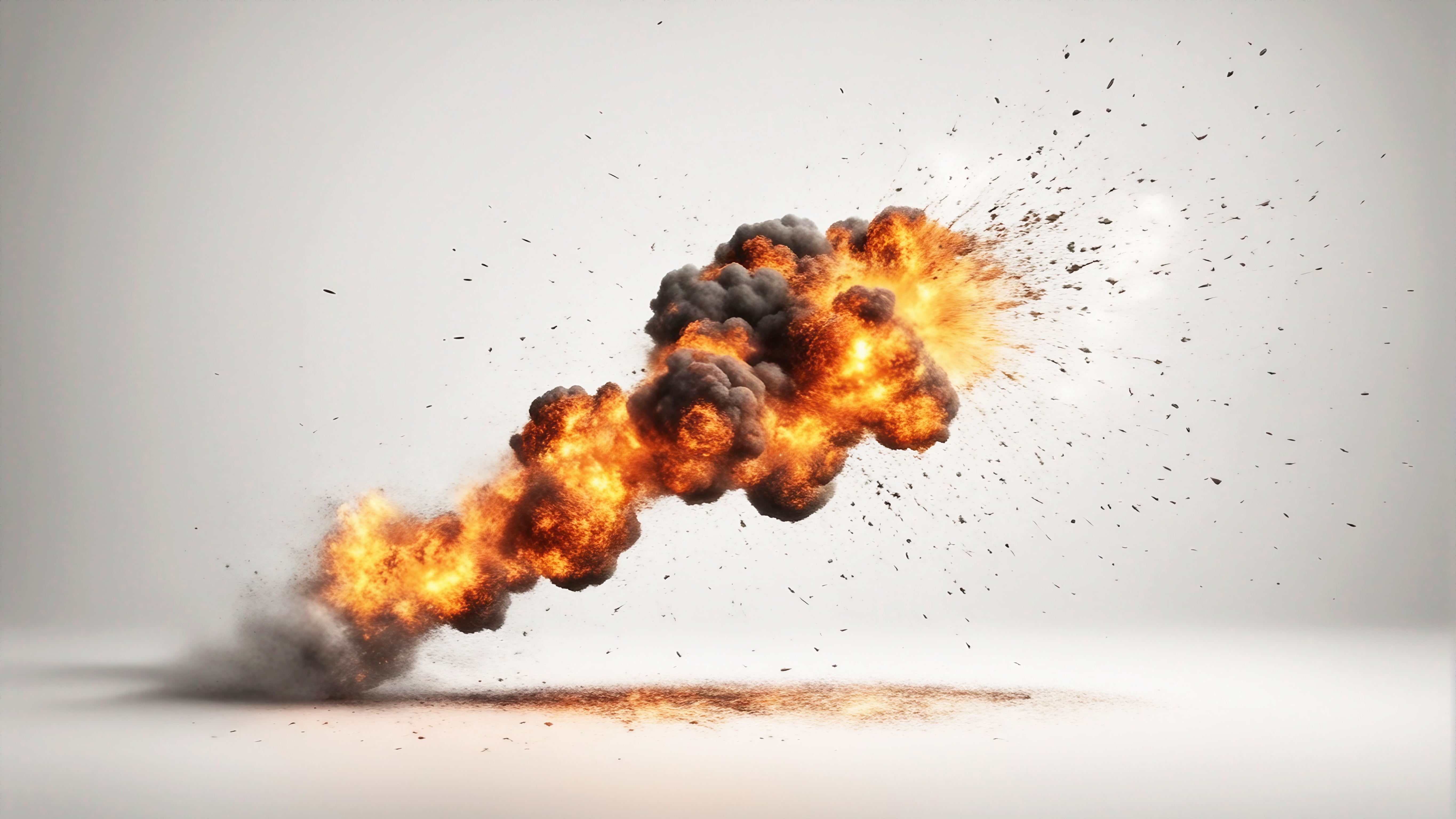 En explosion med flammor och mörk rök mot en vit bakgrund, samt spridda bråte.
