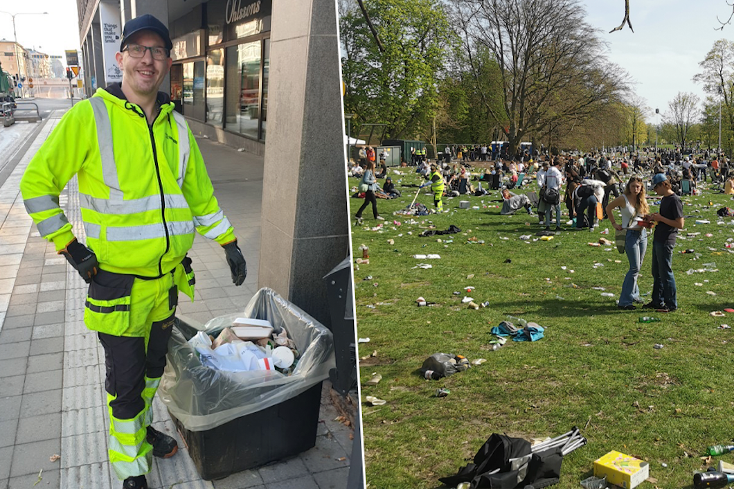 En saneringsarbetare i en hög synlighetsjacka står nära en papperskorg, med ett park fullt av människor och överallt liggande skräp på gräset som bakgrund.