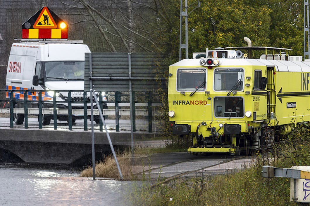 En vägarbetsbil och ett järnvägsunderhållsfordon utför sina arbetsuppgifter.