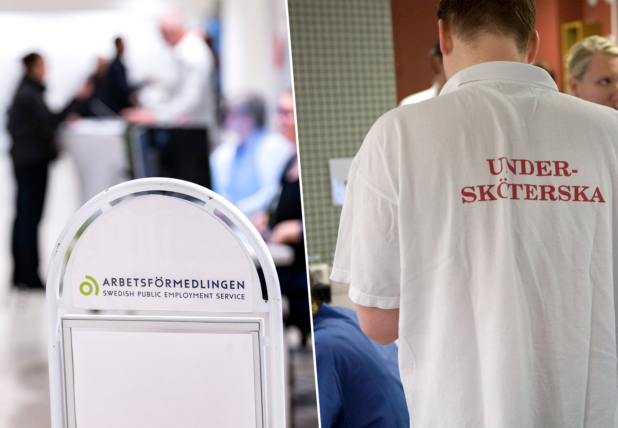Vänster: Skylt med texten "Arbetsförmedlingen Arbetsförmedlingen" i ett kontor. Höger: Person med en skjorta där det står "Undersköterska" på ryggen, stående i en arbetsmiljö.