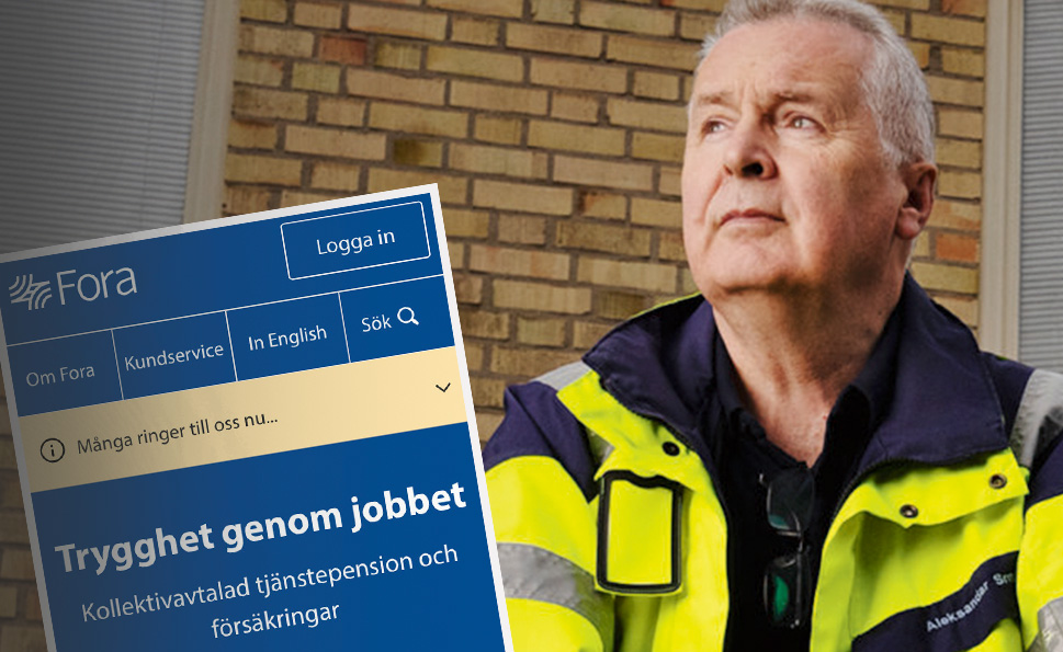 Skärmbild på sajten till pensionscentralen Fora och Aleksandar Srndovic med reflex jacka bakgrund: tegelmur