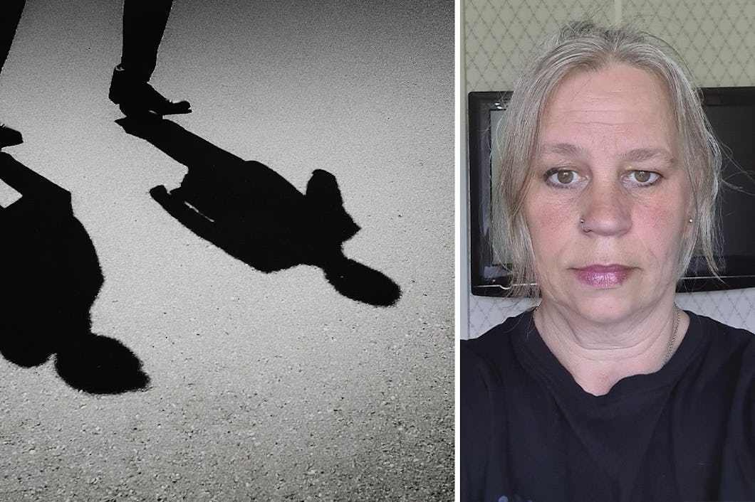 Delad bild med skuggor av två personer till vänster och ett porträtt av Åse Andersson till höger.