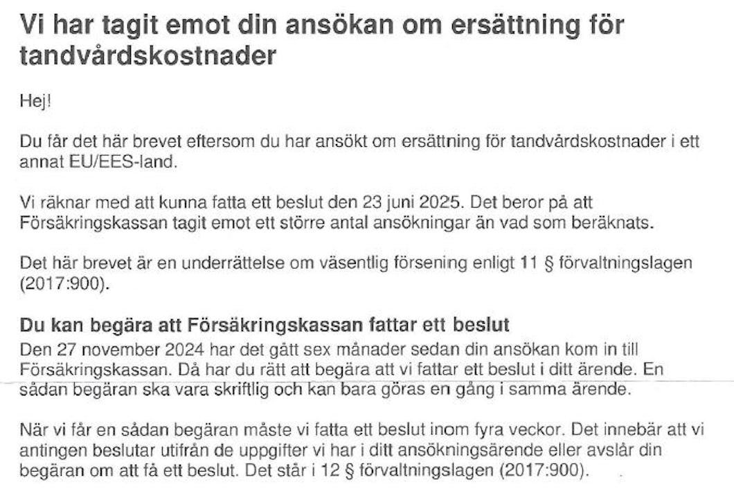 Brev från Försäkringskassan med besked om väsentlig försening.