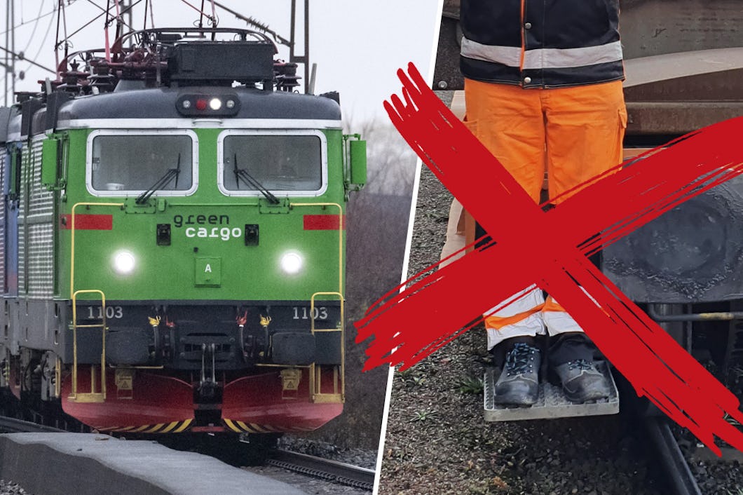 Delad bild med ett grönt godståg från Green Cargo och benen på en man som står på ett fotsteg på en godsvagn, med ett rött kryss över.