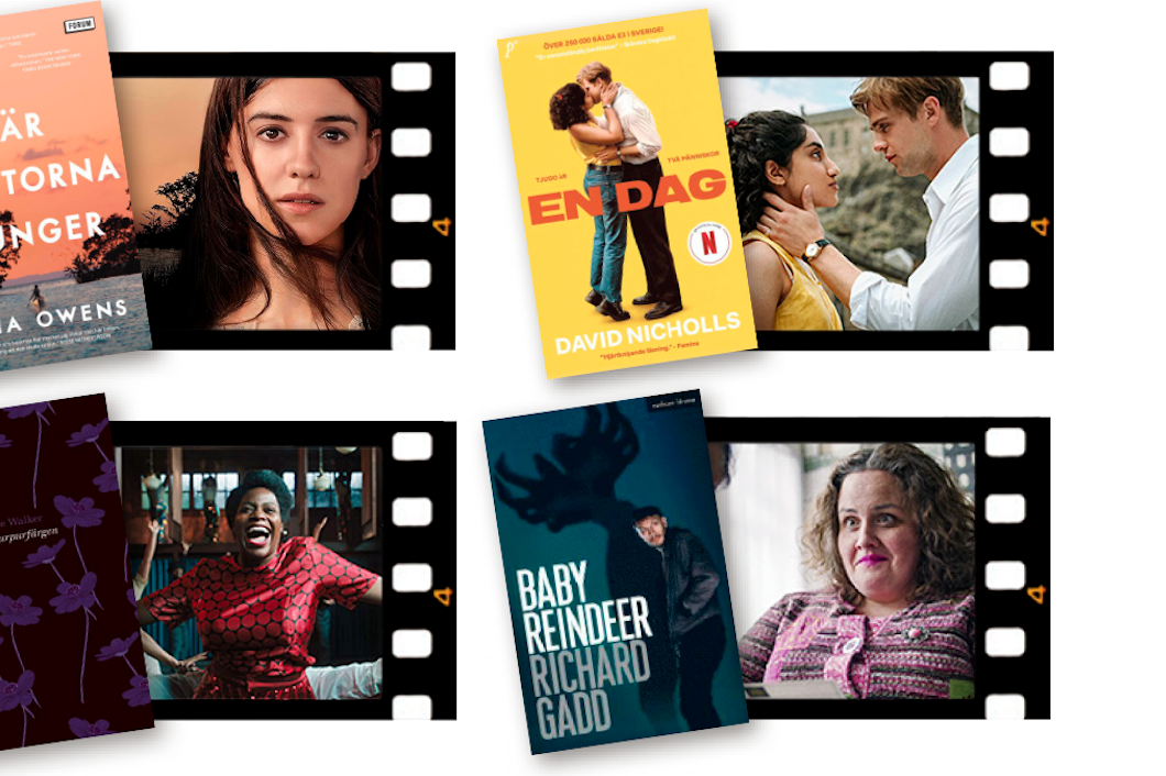 Fyra filmaffischer visa på en bakgrund som liknar en filmremsa: "Där Kräftorna Sjunger," "En Dag," "The Purple Color," och "Baby Reindeer.