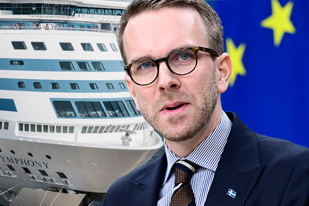 Bildkollage: färja och infrastrukturminister Andreas Carlson (KD).
