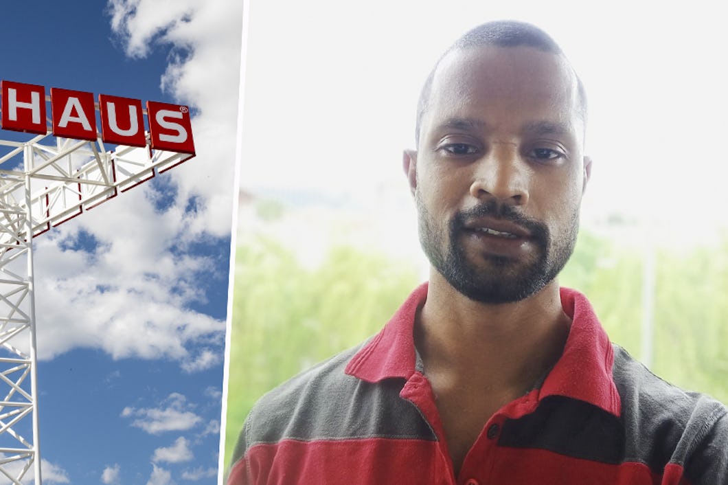 Delad bild: Till vänster, en skylt med texten "BAUHAUS" i röda bokstäver på en skylt. Till höger, en man som tittar i kameran.