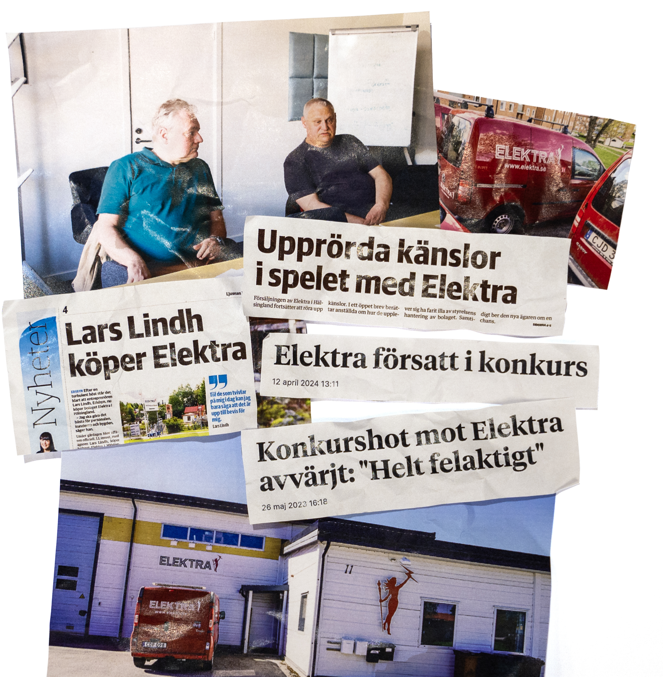 Ett collage av tidningar med rubriker om Elektra.