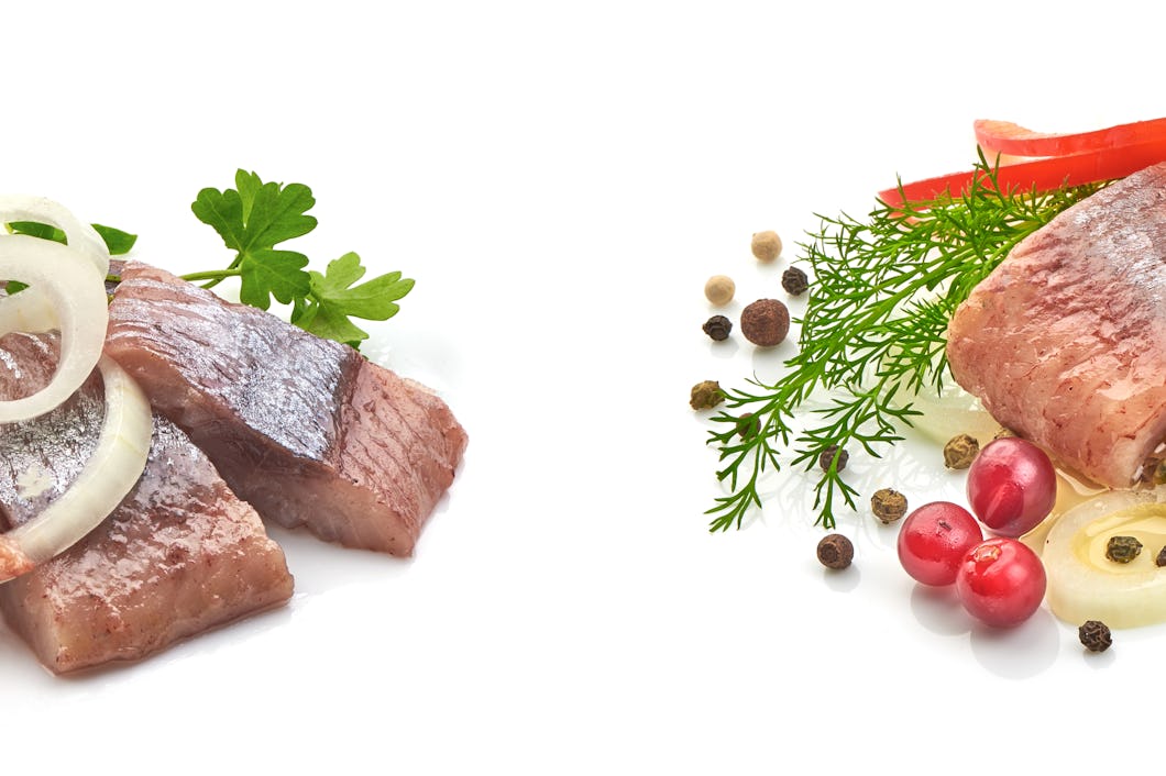 Två portioner inlagd sill, dekorerade med örter, skivad lök och pepparkorn på en vit bakgrund. Den vänstra portionen har rosmarin och persilja, medan den högra har dill och tranbär.