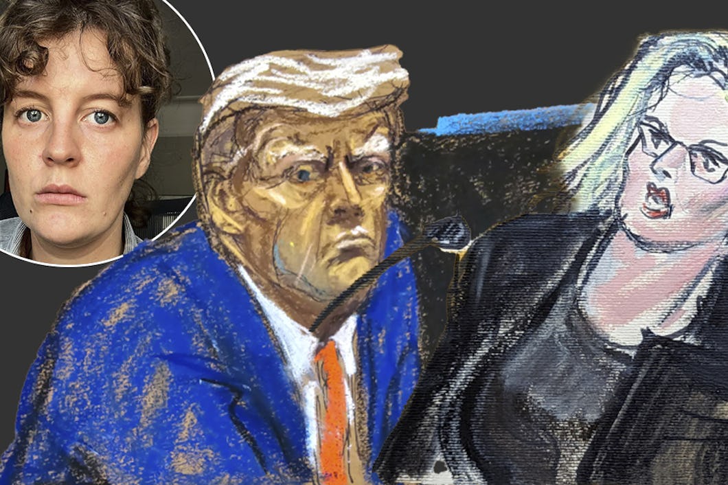 En rättssalsteckning visar en person med orange hudton och blå kostym bredvid en person med blont hår och glasögon. Ett infällt foto i hörnet visar en individ med allvarligt ansiktsuttryck.