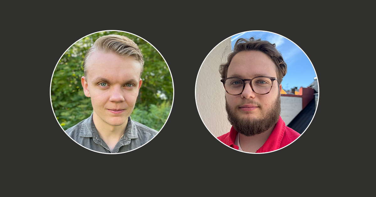 Två individuella visa i cirkulära ramar. Personen till vänster är utomhus utomhus buskage, och personen till höger är utomhus utomhus en byggnad med blå himmel.