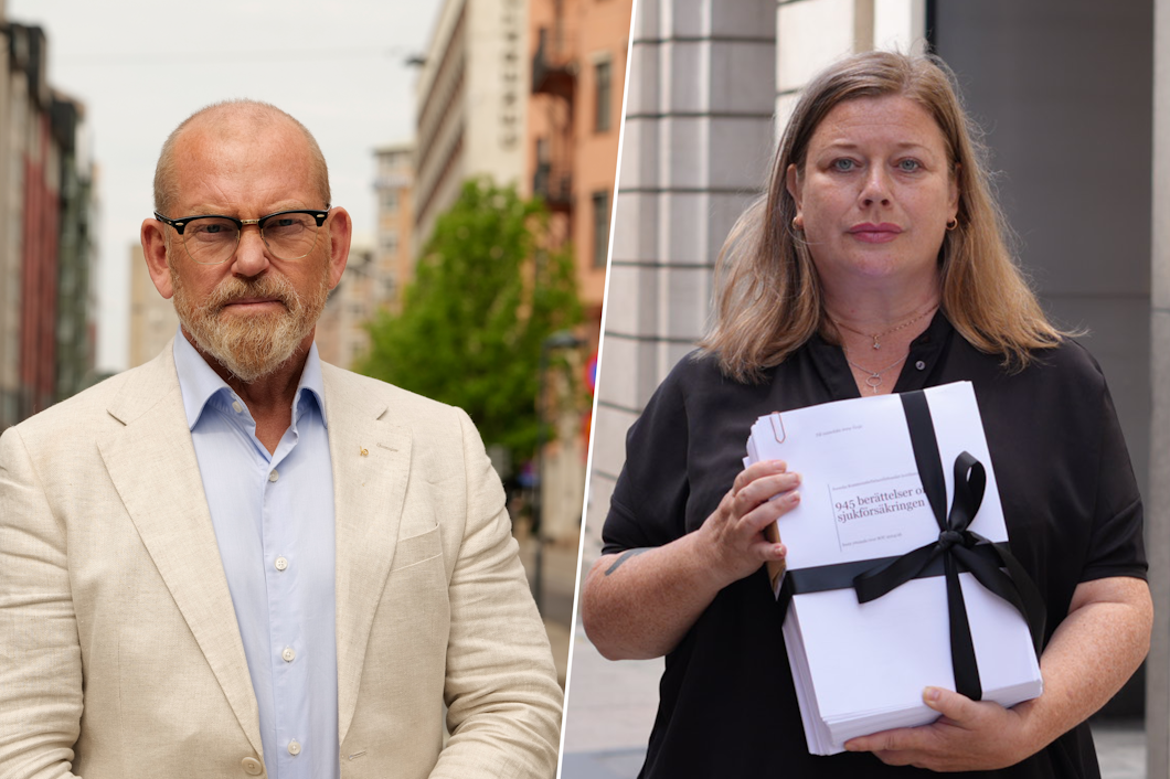 Två personer visa i en uppdelad bild. Personen till vänster bär en ljus kostym och står på en stadsgata. Personen till höger håller ett stort inbundet dokument med ett band och står framför en byggnad.