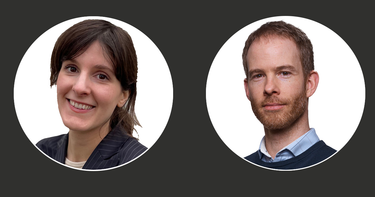 Porträtt av en kvinna med axellångt mörkt hår och en man med kort hår och skägg. De är båda klädda i professionella kläder och porträtt är mot en mörk bakgrund med cirkulära vita ramar runt deras bilder.