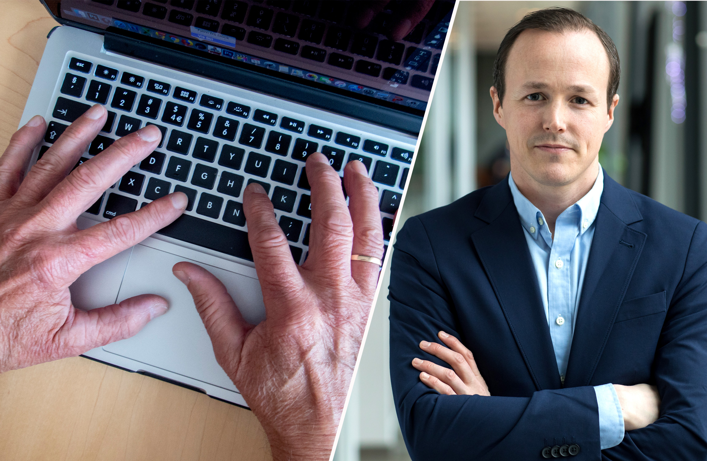 Delad bild: Vänster sida visar händer som skriver på ett laptop-tangentbord; högre sida visar en man i blå kostym som står med armarna i kors och tittar in i kameran.