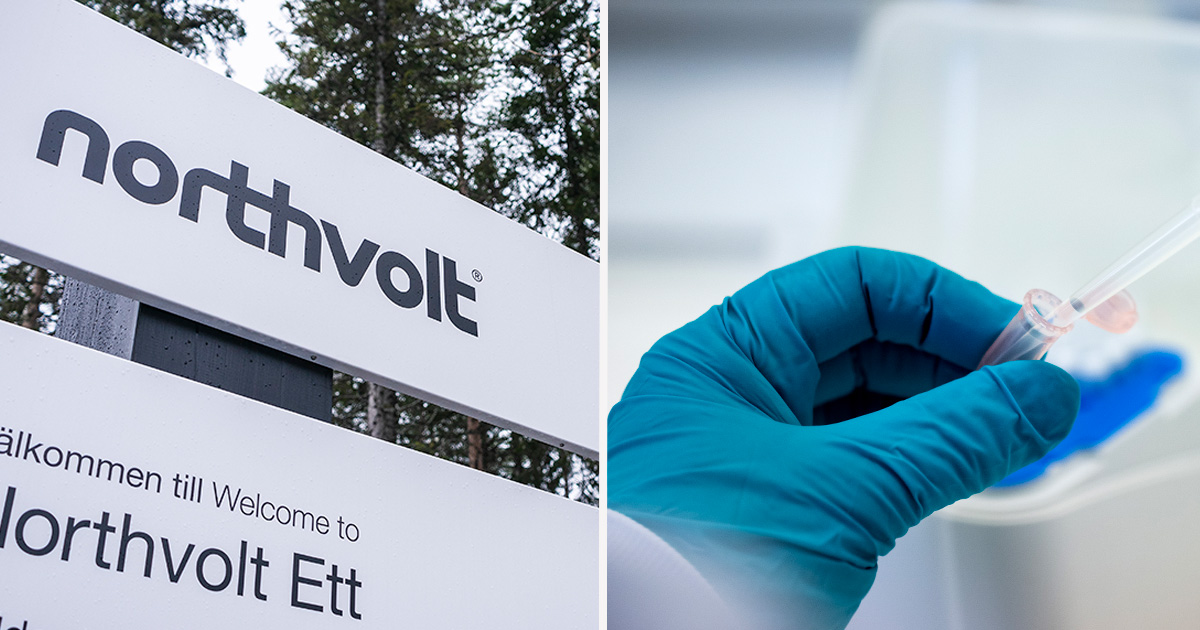 Vänster: Northvolt Ett-skylt i ett utomhusområde med träd. Höger: Hand med handske håller en pipett i en laboratoriemiljö.