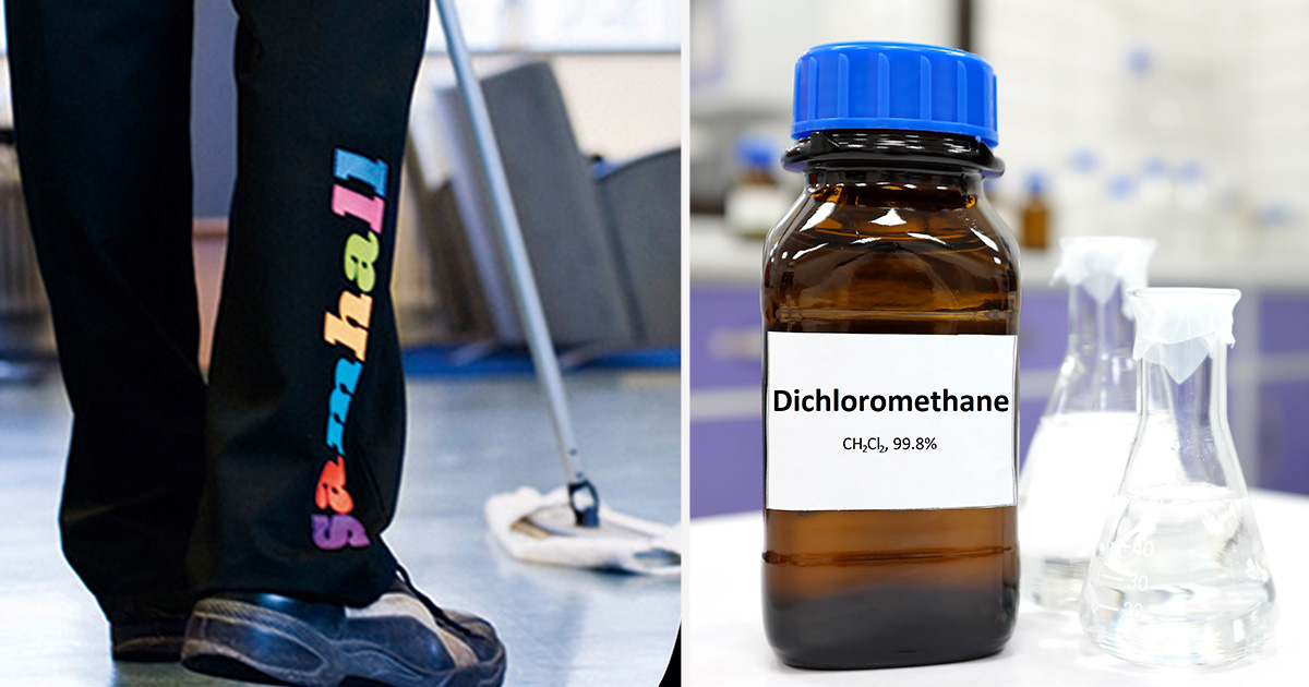 Delad bild: En person moppar golvet i ett laboratorium och en flaska märkt "Dichloromethane CH2Cl2 99.8%" med laboratorieglas i bakgrunden.