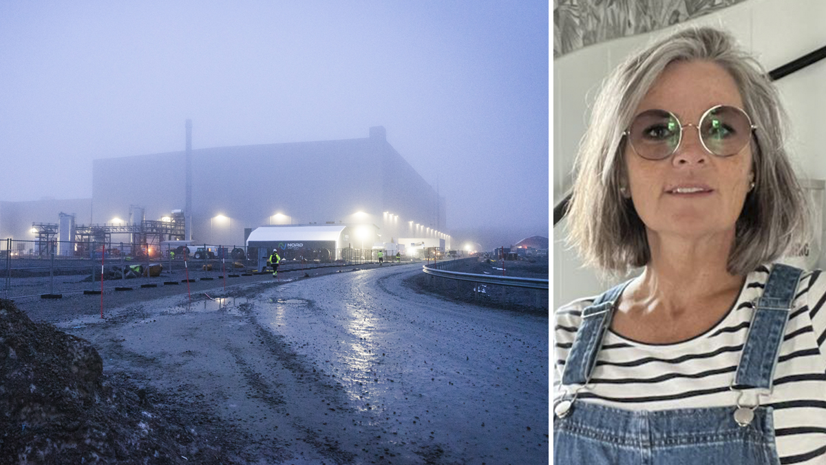 En dimmig industribyggnad med lampor tända och en lerig väg i förgrunden. Till höger ett porträtt på Siri Almqvist.