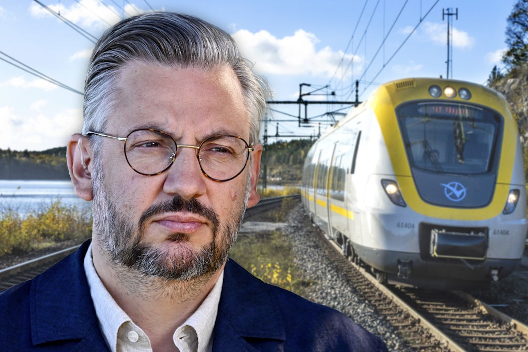Montage med Muharrem Demirok till vänster. I bakgrunden kör ett pendeltåg på spår nära ett vattendrag och träd.