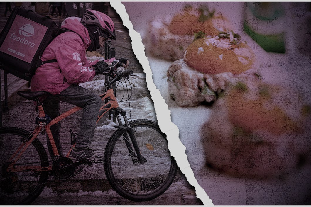Ett Doodorabud iförd en rosa jacka cyklar på en snöfylld gata. Bredvid detta visa en närbild av gourmetmat. Bilderna är åtskilda av en riven papperseffekt.