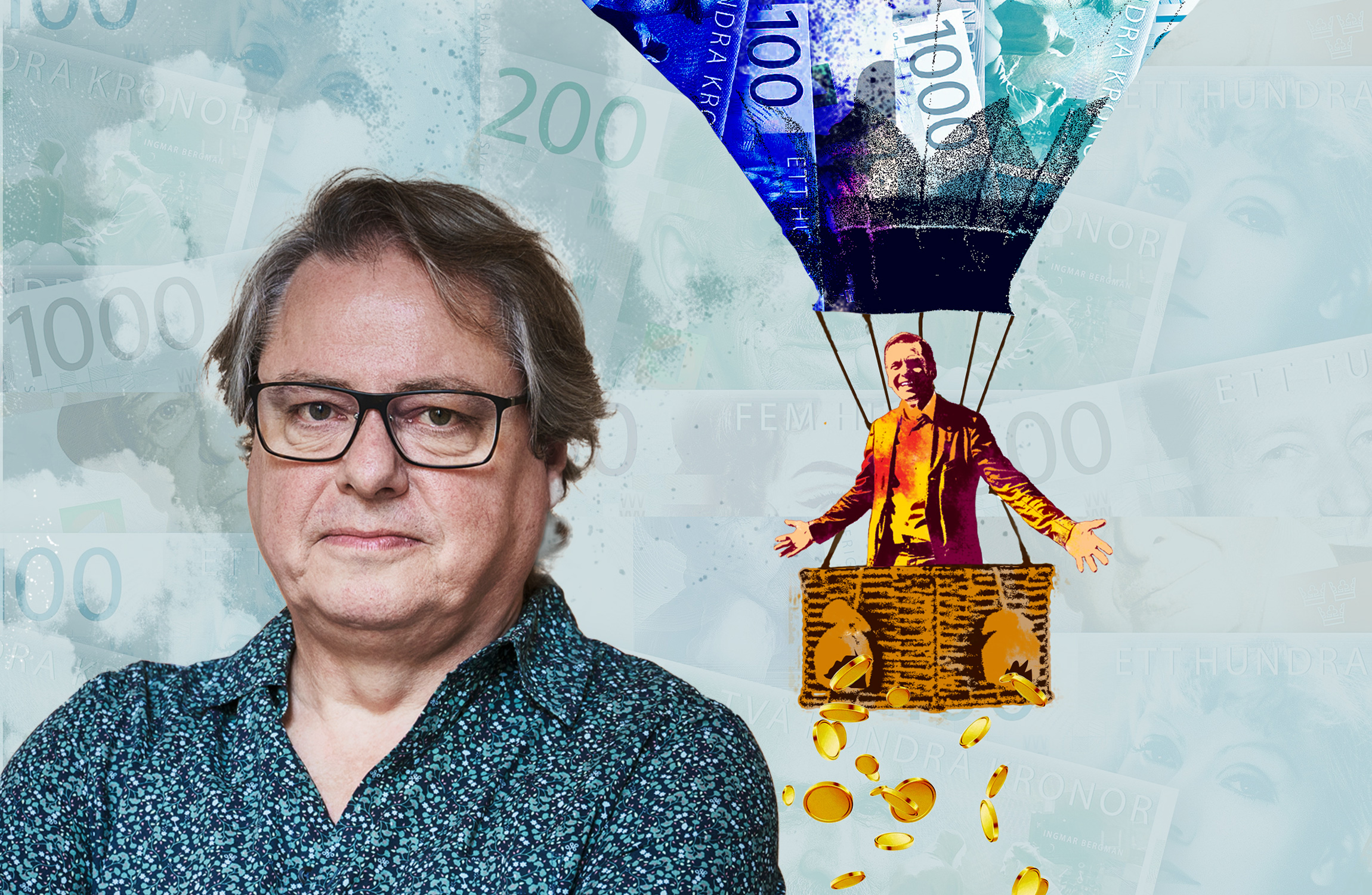 En man med glasögon står framför en illustration av en luftballong gjord av sedlar och mynt, som bär på en figur i affärsdräkt i korgen.