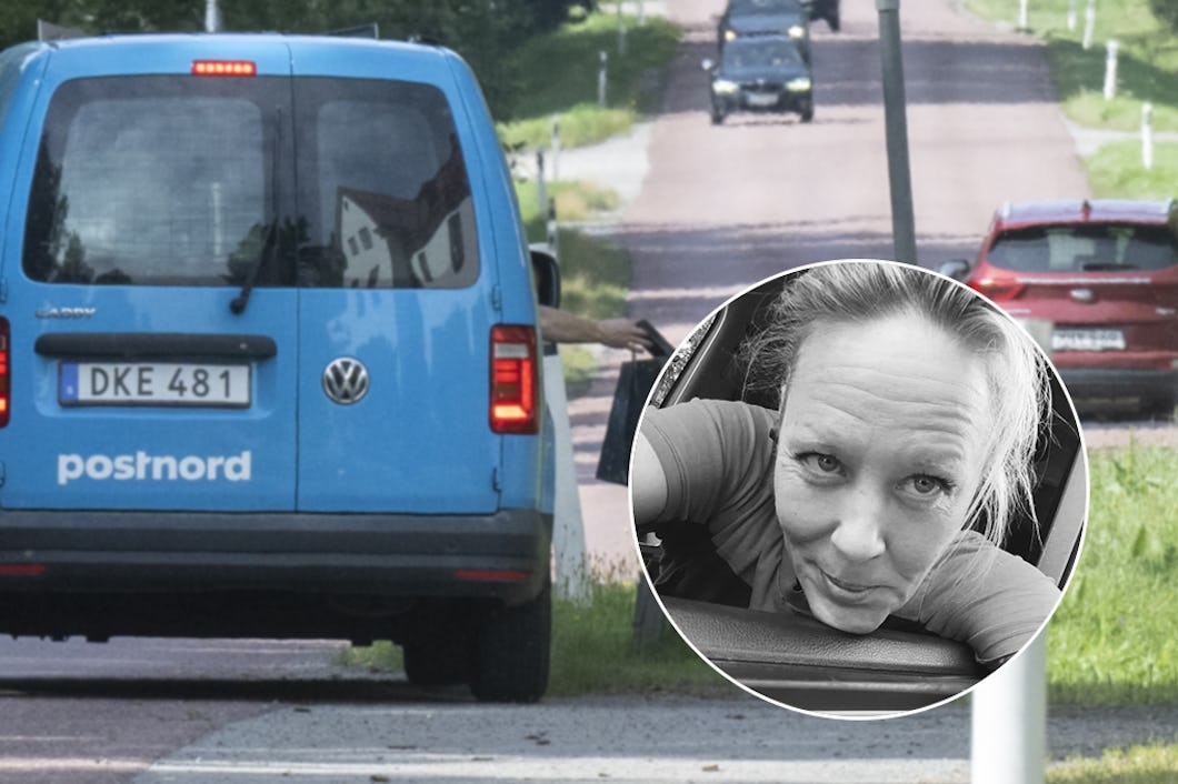 En blå PostNord-leveransbil kör på en landsväg. Inklippt bild visar en närbild av Marie Lundberg.