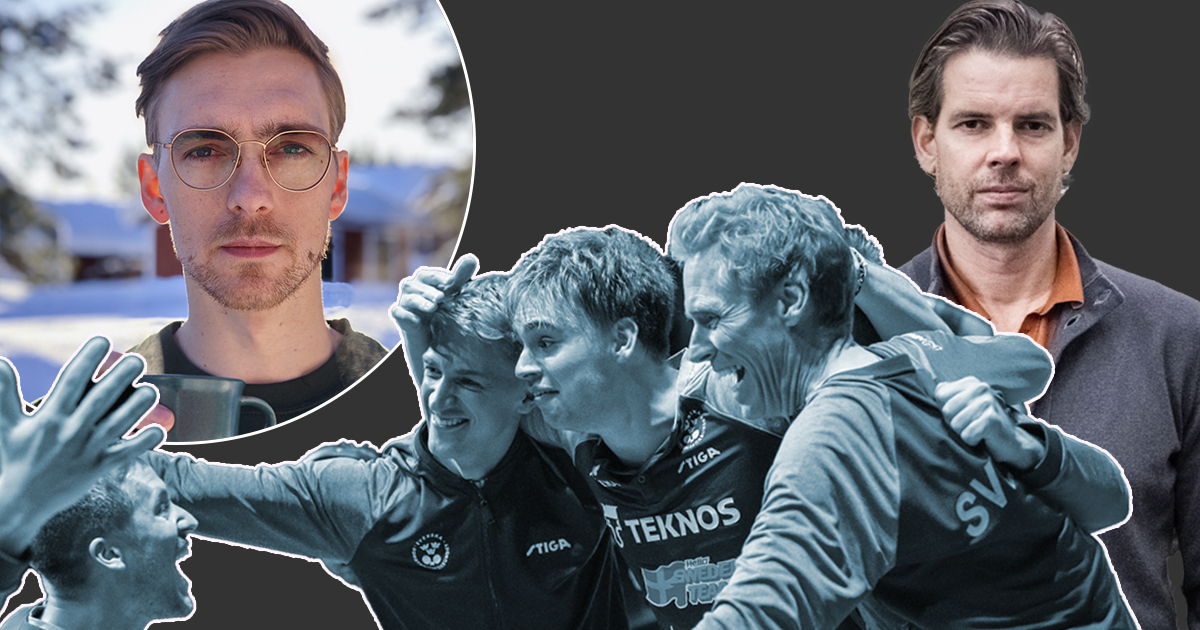 Kollage som visar en man med glasögon, en grupp idrottare som firar och en annan man i mörk jacka som tittar in i kameran.