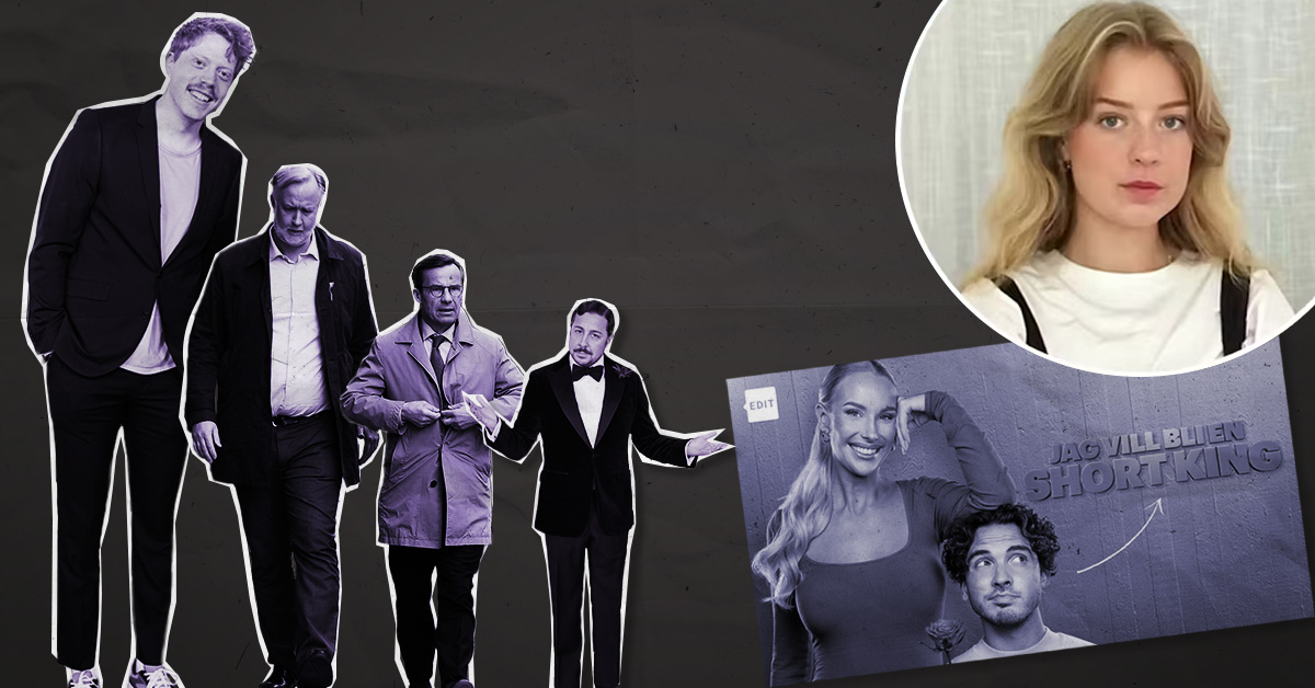 Utklippta bilder på män i olika kläder, ett foto av en kvinna i en cirkulär ram, och en tidningssida med en man och en kvinna mot mörk bakgrund.