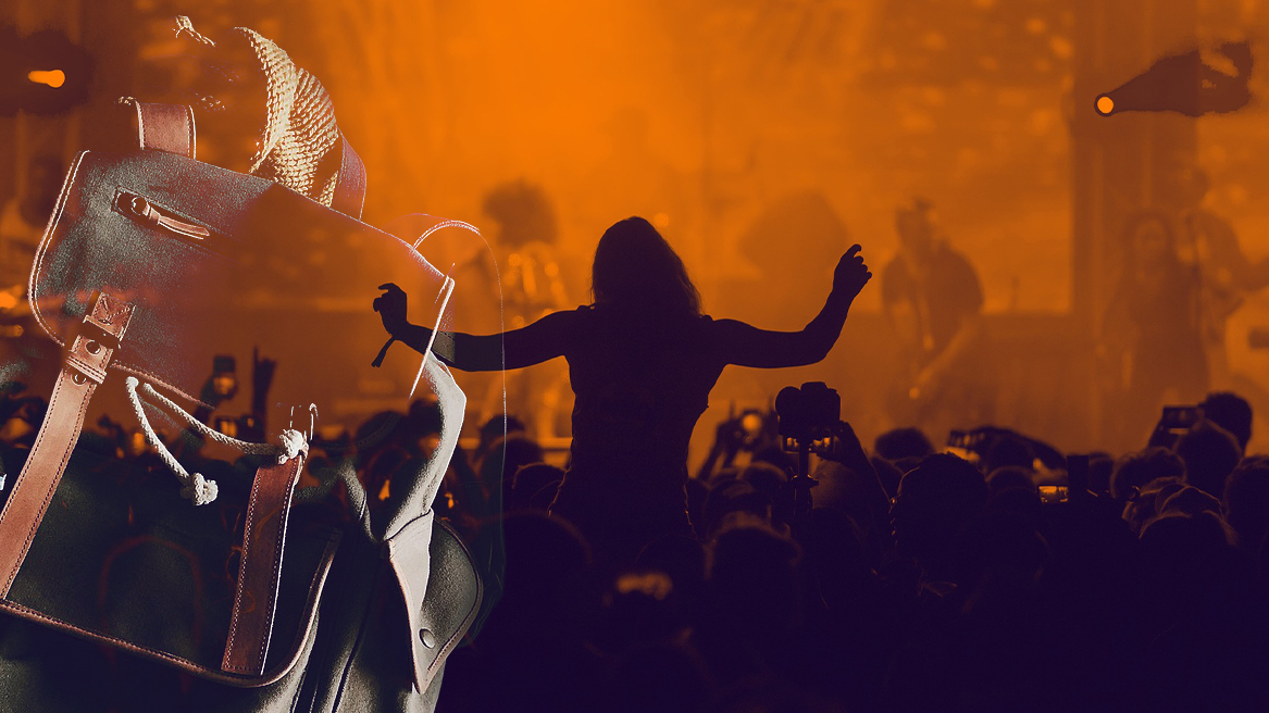 Genrebild på en väska och en dansande festivalpublik.