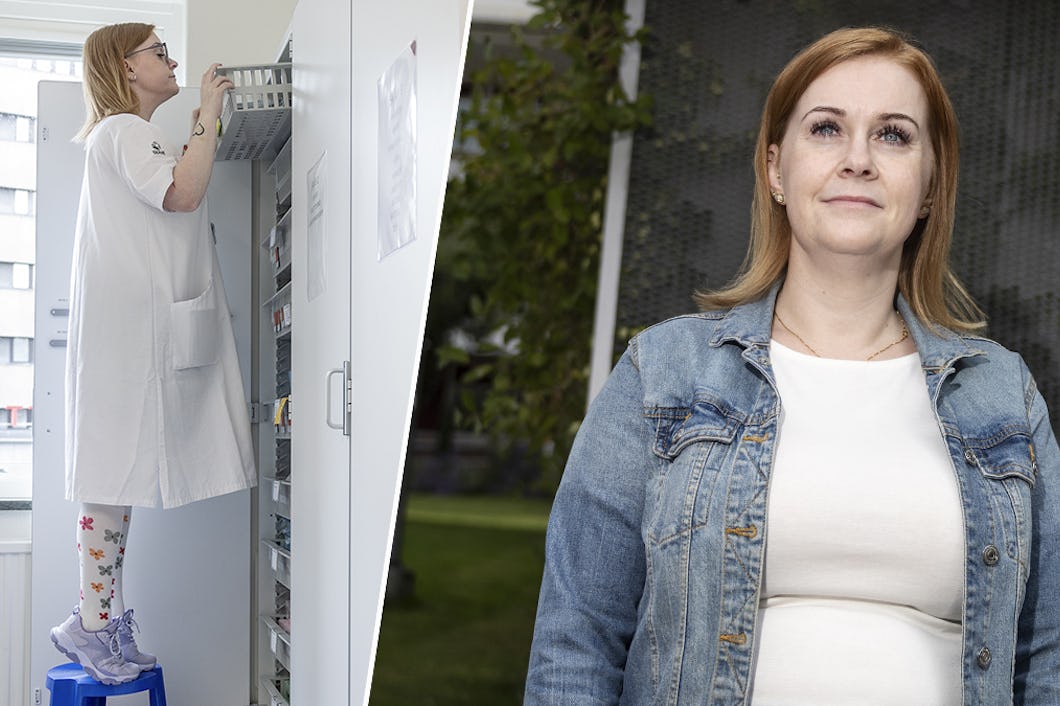 Åza Lundqvist i labbrock står på en pall och sträcker sig efter föremål i ett skåp. I en annan bild syns hon i avslappnade kläder, ståendes utomhus och tittar något åt höger.