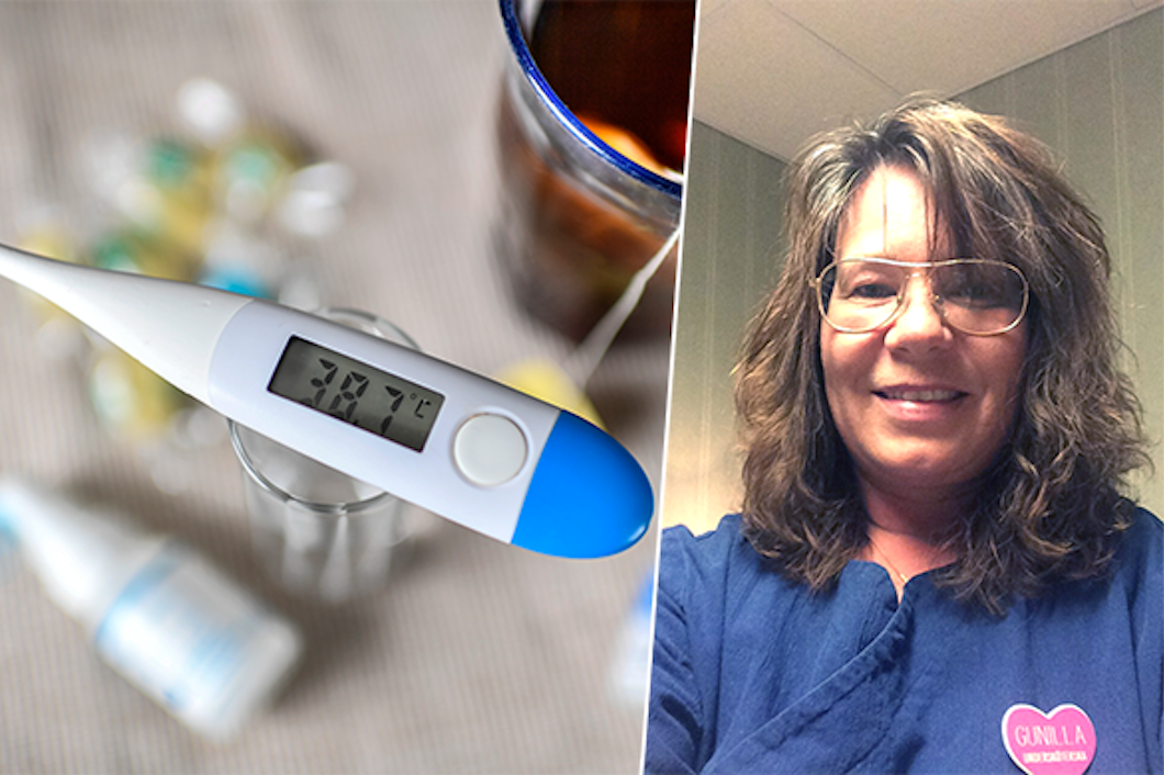 En digital termometer som visar 38,3°C och olika medicinska förnödenheter till vänster, med en kvinna, Gunilla Hansson, i blå sjukvårdskläder med glasögon och namnbricka till höger.