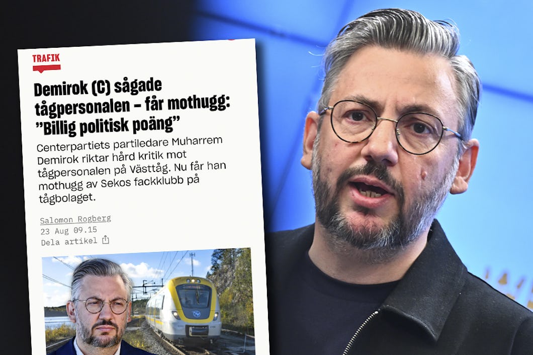 Muharrem Demirok talar framför en bakgrund. Infälld bild visar en skärmdump från sekotidningen.se av en nyhetsartikel om politisk kritik som rör tågpersonal.