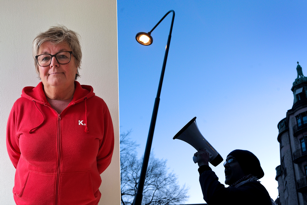 Annika Holmlund i röd hoodie står mot en ljusfärgad vägg till vänster; en silhuett av en person med megafon står nära en lyktstolpe och byggnad med blå himmel i bakgrunden till höger.