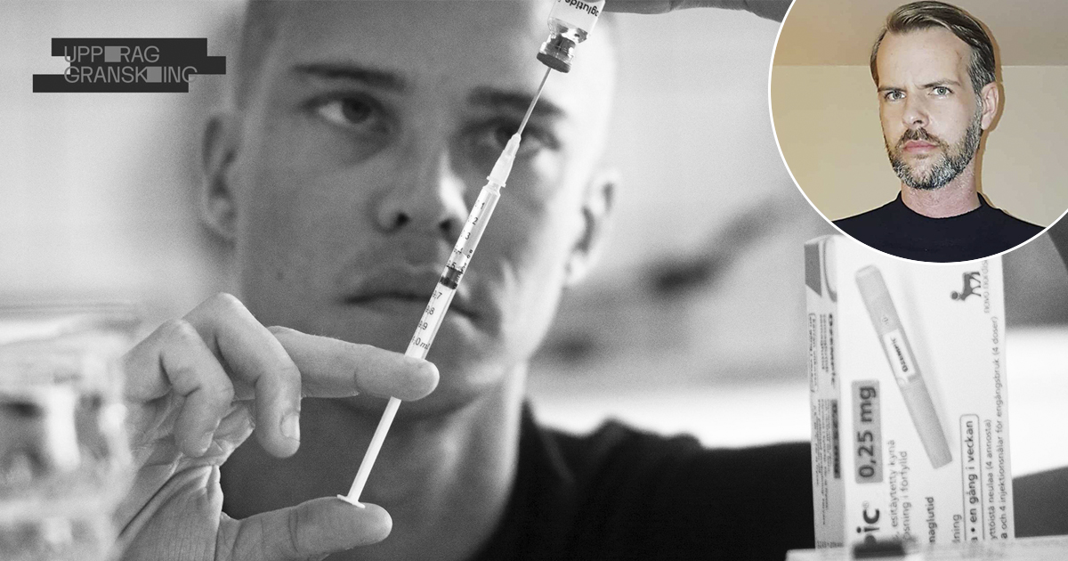 En person fyller en spruta med ett ämne. I det övre högra hörnet visa ett infogat ansiktsfoto av en annan person.