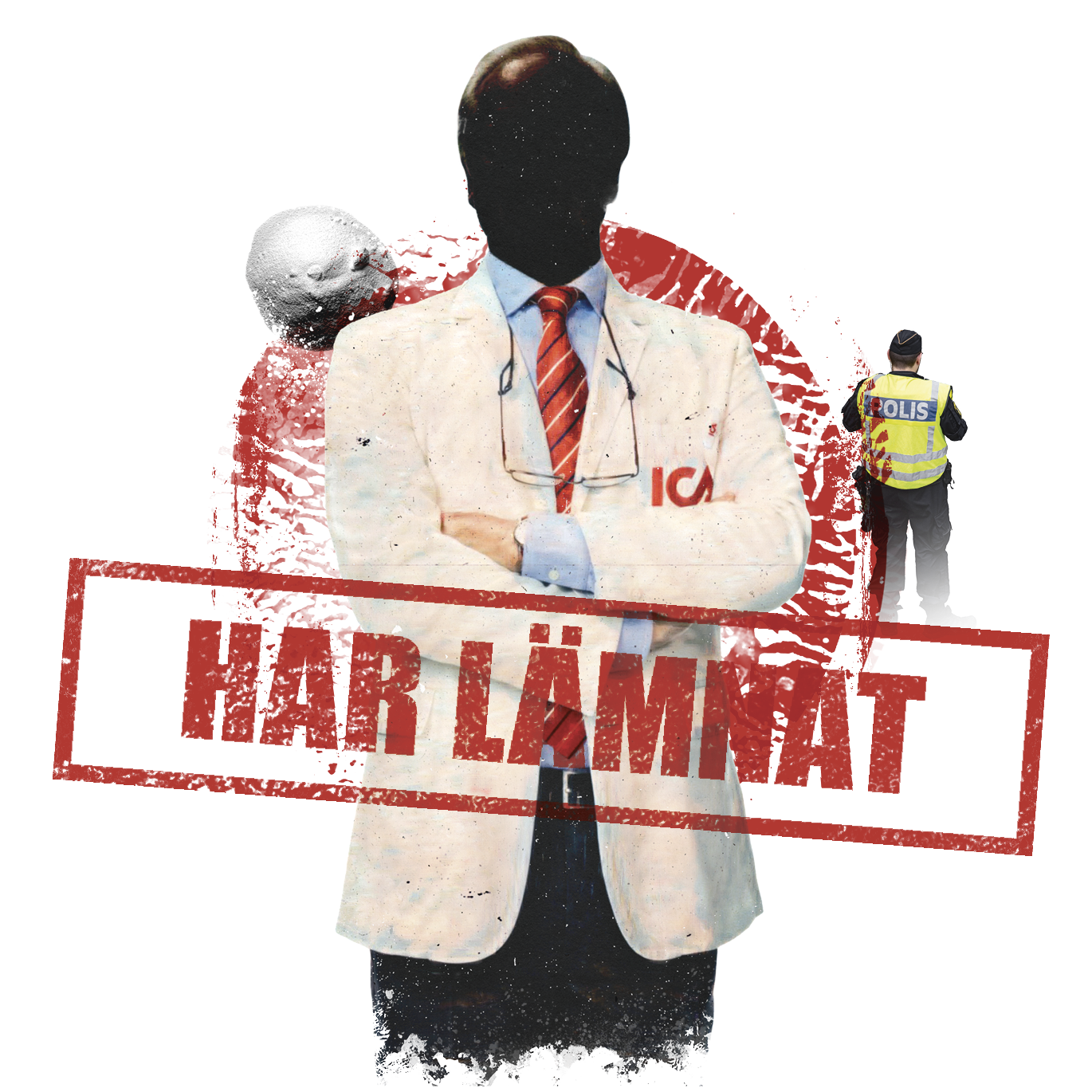 Bild av en person i kostym med ordet "ICA" på jackan, en polis, och en texturerad bakgrund.