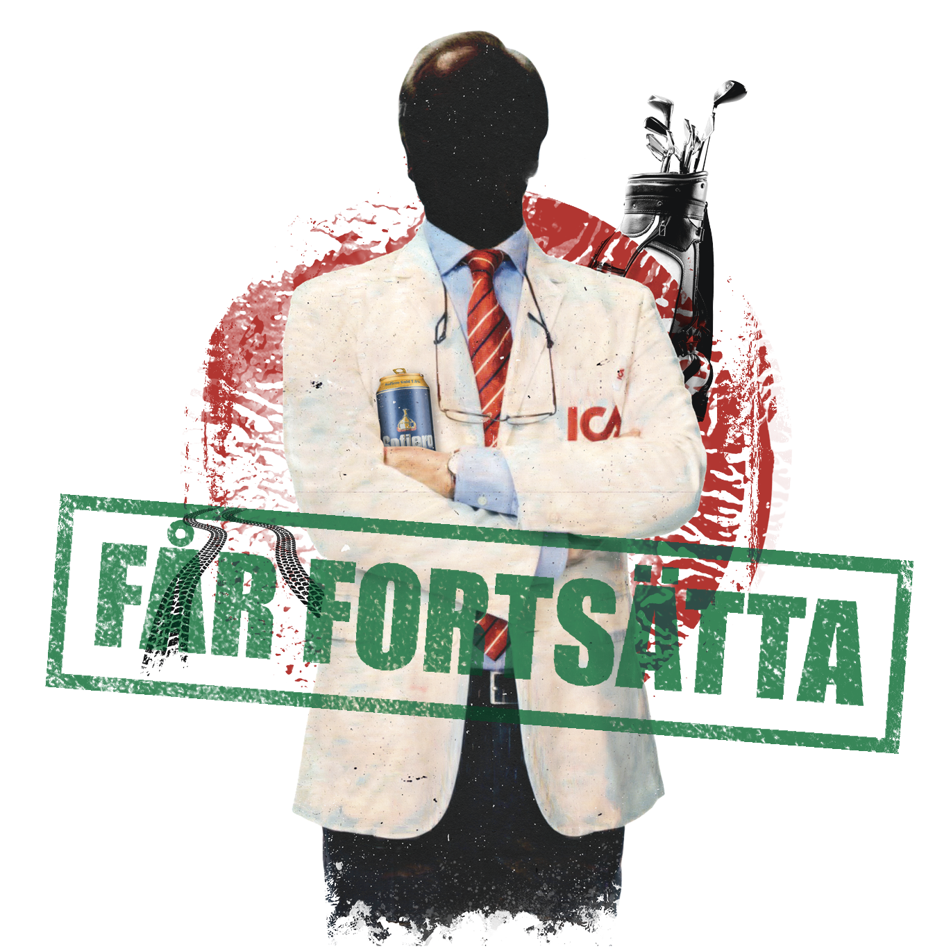 Man i vit kavaj håller en burk och har armarna i kors. Text på kavajen säger "ICA".