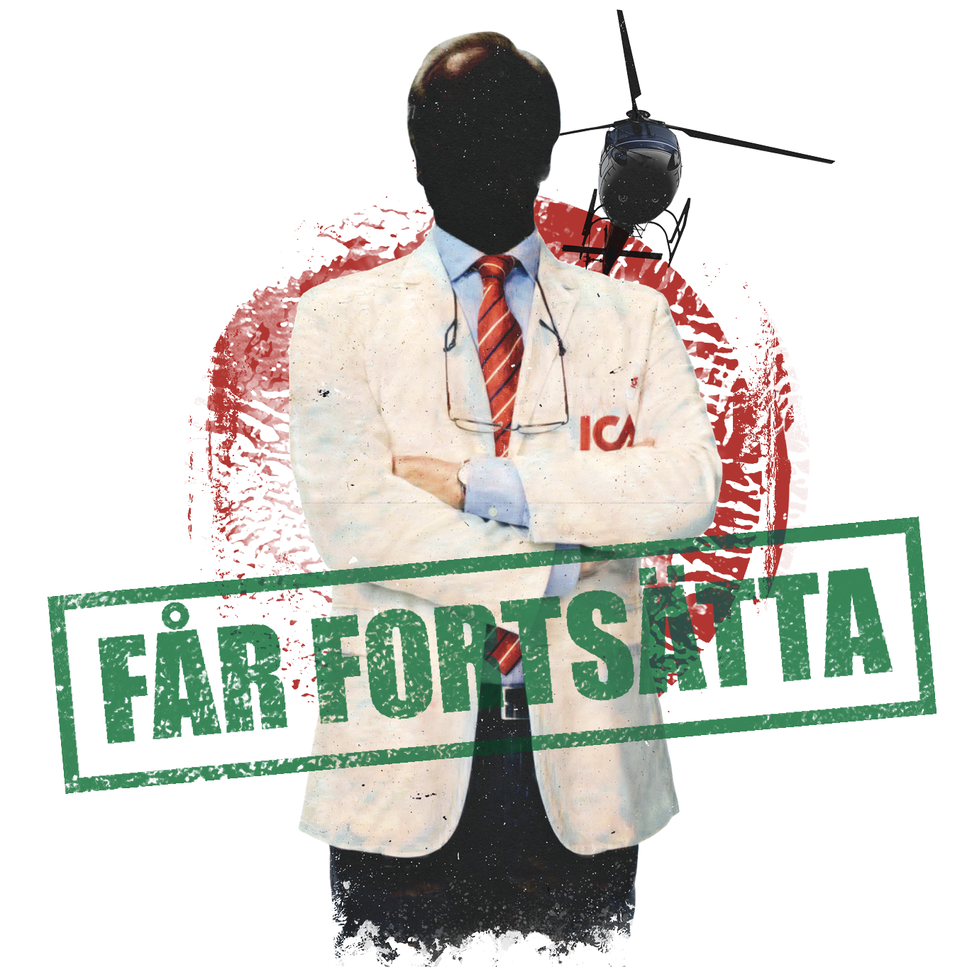 En person i vit jacka med texten "ICA" på fickan står med armarna i kors. En helikopter syns i bakgrunden.