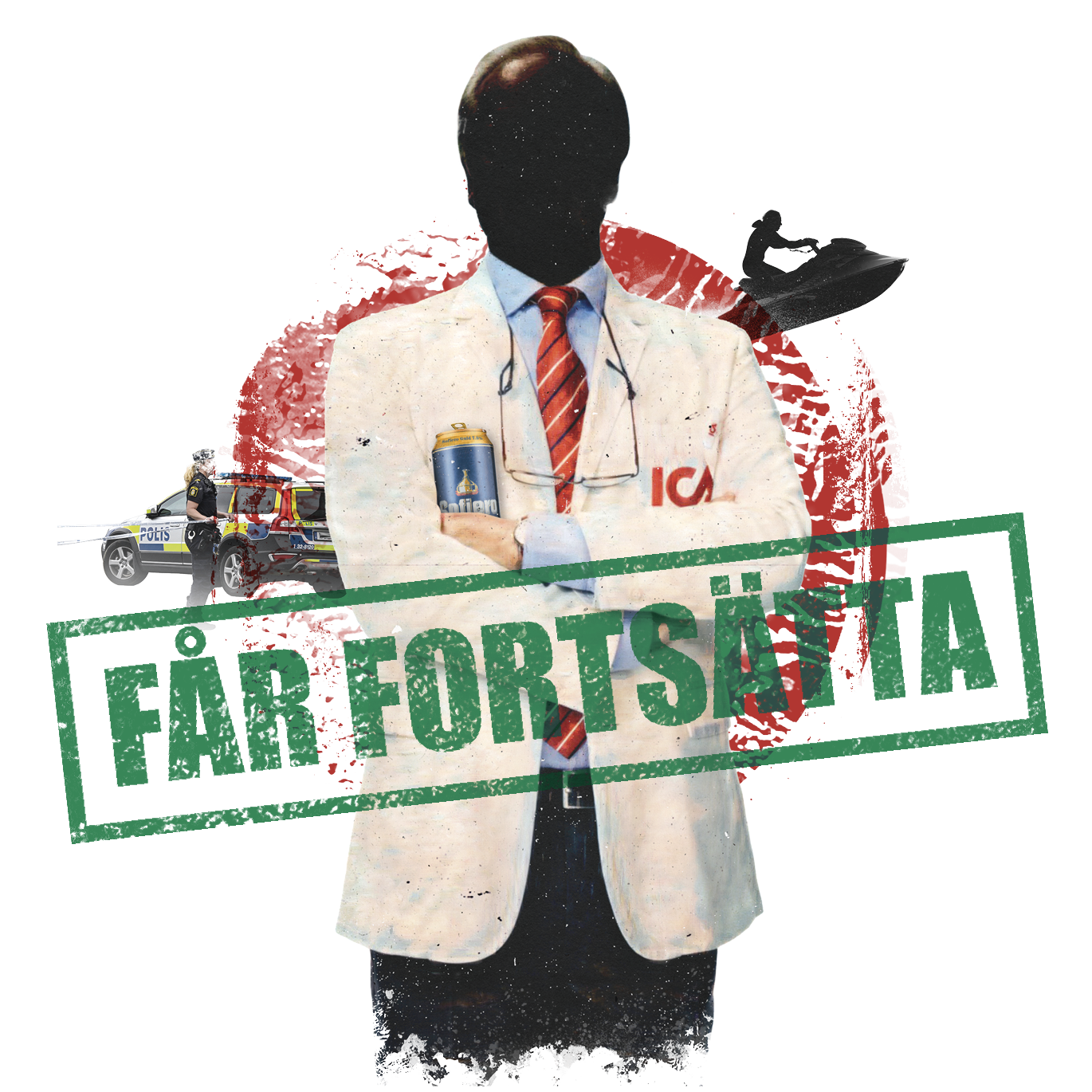 En person i vit kostym står med armarna i kors framför en röd bakgrund med olika bilder.