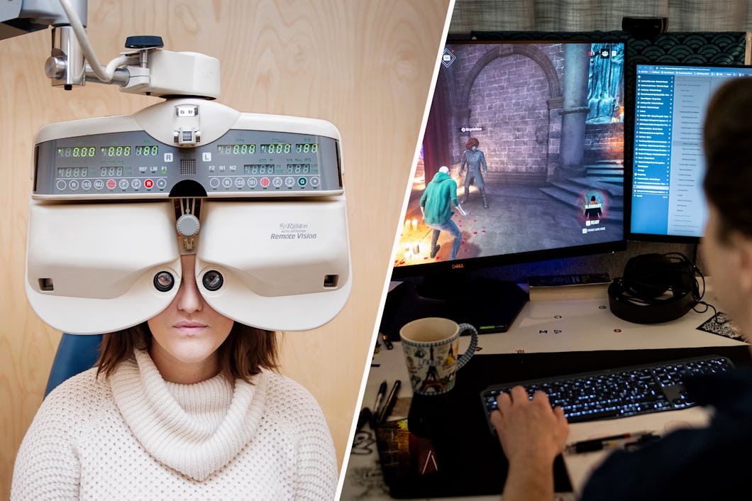 Delad bild: vänster sida visar en person som genomgår en ögonundersökning med ett optiskt refraktorinstrument; Höger sida visar en person som spelar ett videospel på en dubbelskärmsuppsättning.