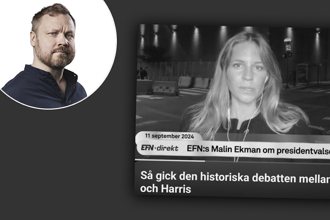 En man syns på en inramad bild, medan huvudbilden visar en kvinnlig reporter på skärmen som diskuterar debatten mellan Trump och Harris.