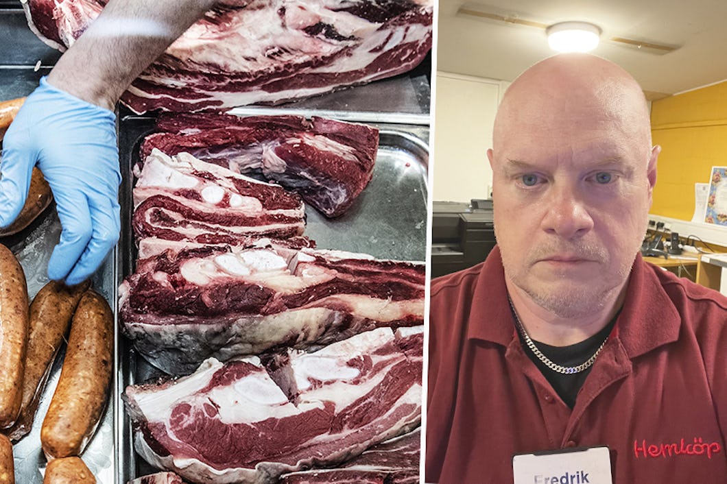 Vänster sida visar händer med handskar som arrangerar korvar och rått kött. Höger sida visar en man i röd skjorta.