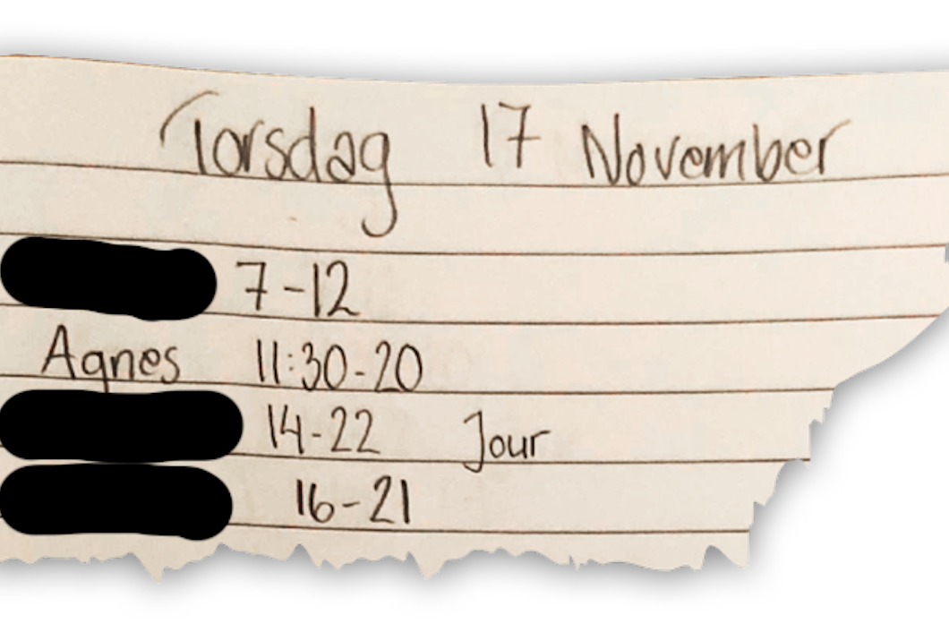 Utdrag från arbetsplatsens anteckningsbok visar att Agnes jobbade ensam mellan klockan 12 och 14.