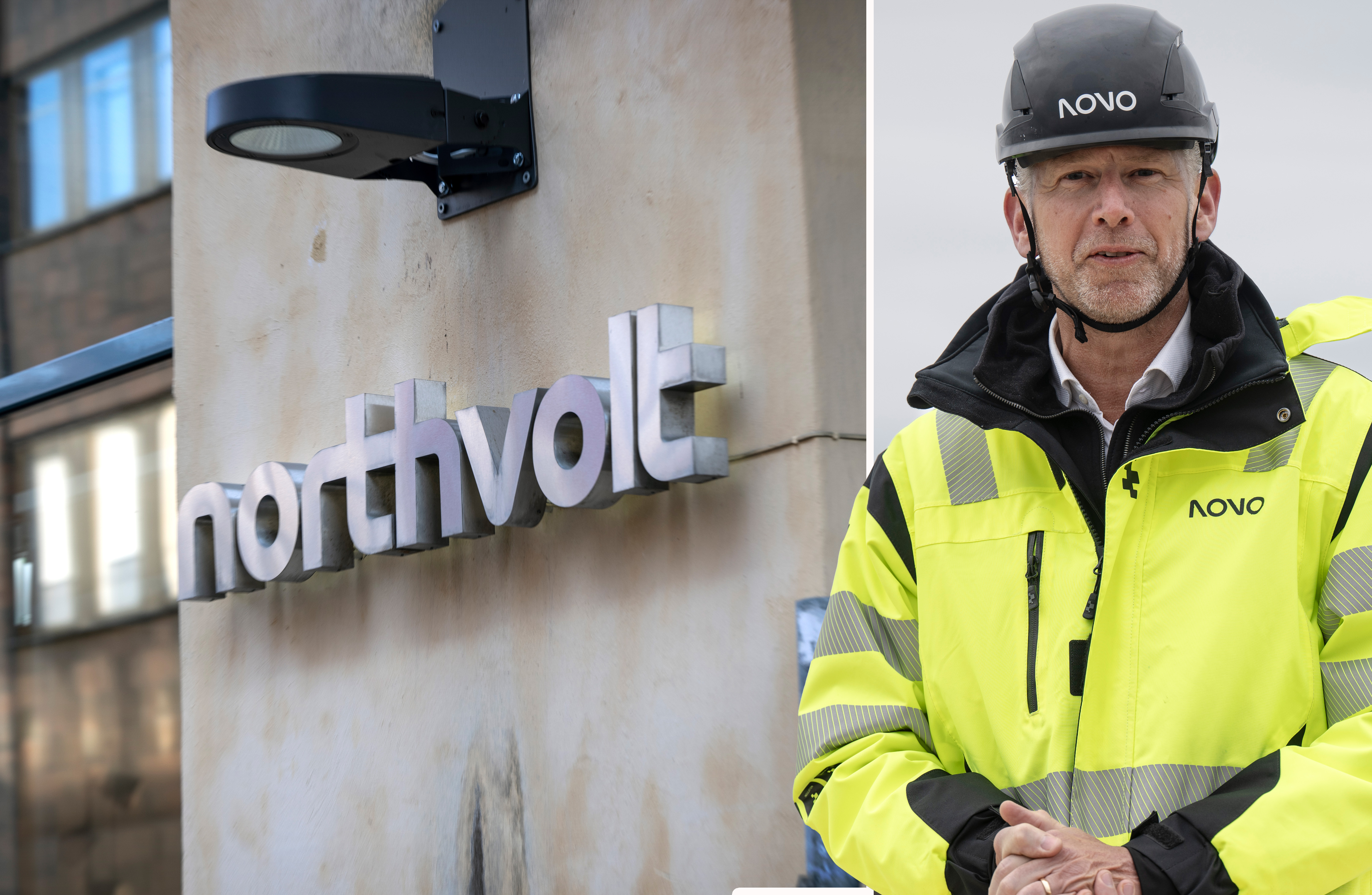 En person i varselkläder och skyddshjälm står bredvid en vägg med logotypen "Northvolt".