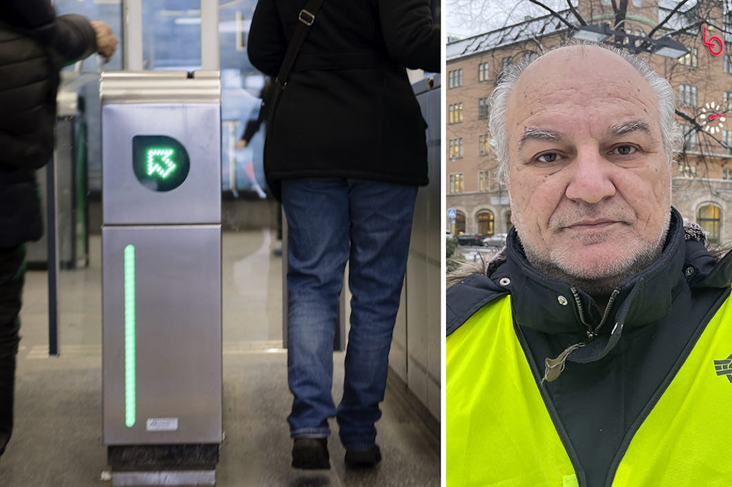 Två personer går genom en spärr på en järnvägsstation till vänster. Till höger står Jannis Konstantis i gul väst utanför LO-borgen.